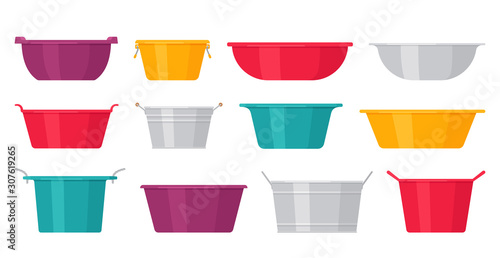 Basin. Vector. Plastic, metal washbowls. Bowl icons in flat design, isolated on white background. Cartoon colorful illustration. Set of containers.