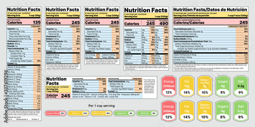 Nutrition facts Label. Vector. Food table information with daily value. Data list ingredients, calorie, fat, sugar. Template packing. Layout color design. Flat illustration isolated on gray background