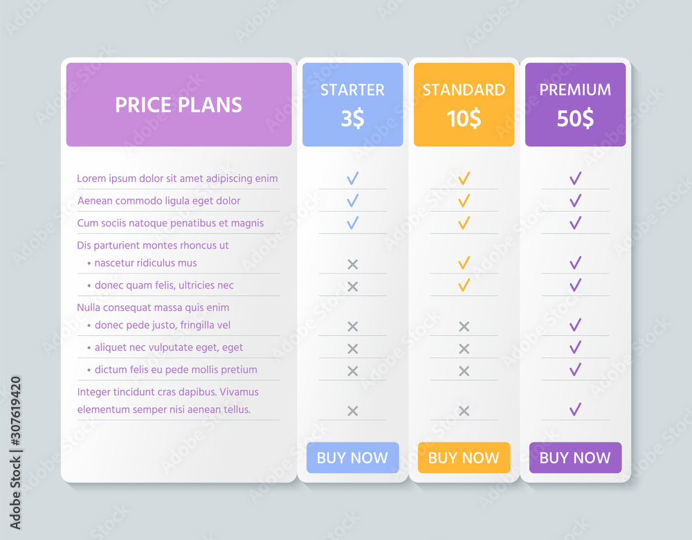 Comparison price table. Vector. Chart plan template. Pricing grid with 3 columns for purchases, business, web services, applications. Checklist compare tariff banner. Color simple design. Illustration