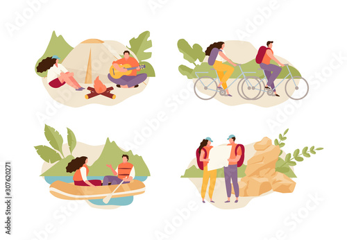 Tourists couple relaxing in nature, riding bicycles, boating, camping. Ecotourism vector illustration set photo