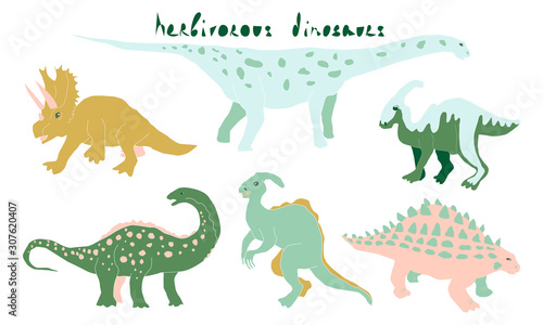 Fototapeta Naklejka Na Ścianę i Meble -  Cute herbivorous dinosaur vector collection. Dino flat handdrawn clipart. Prehistoric animals. Isolated cartoon illustration for kids game, books, t-shirt.