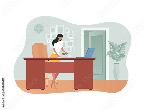 Girl wipes the dust from the desk in the room. Beautiful housewife is cleaning. Vector illustration in flat style