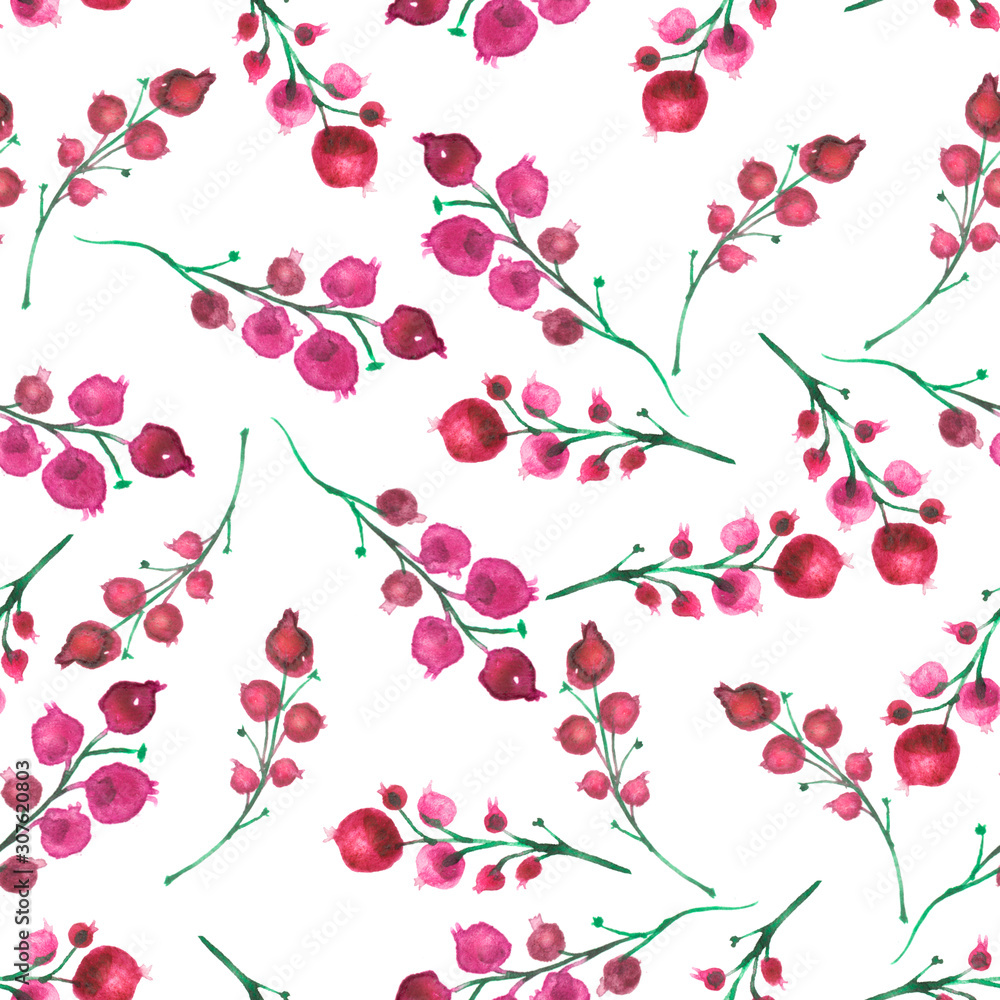 Watercolor floral seamless background, texture of grasses, plants, cranberry, cranberries, currants.  Juniper with berries, moss, wild grass, plants. Natural wood pattern. Beautiful trendy