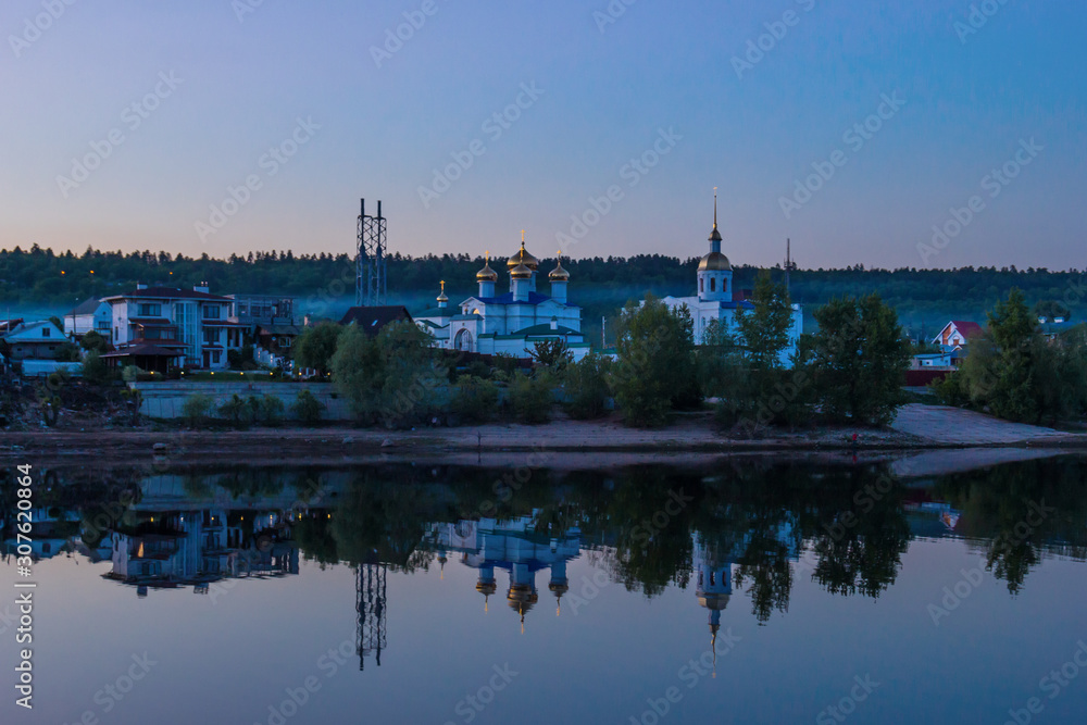 Churchs on coast Volga in Tolyatti in the Samara Region at night