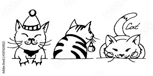 Funny trio of cats drawn by hand. Pretty squinting cat in a hat with a pompom. Striped cat with a Christmas ball in his teeth, turned his back. Preparing to jump the cat. Vector illustration.
