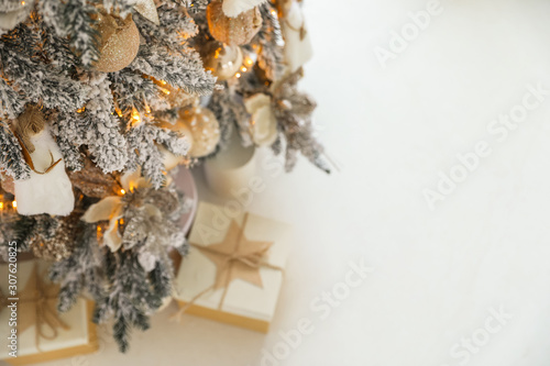 Beautiful Christmas tree, above view. Festive interior decoration