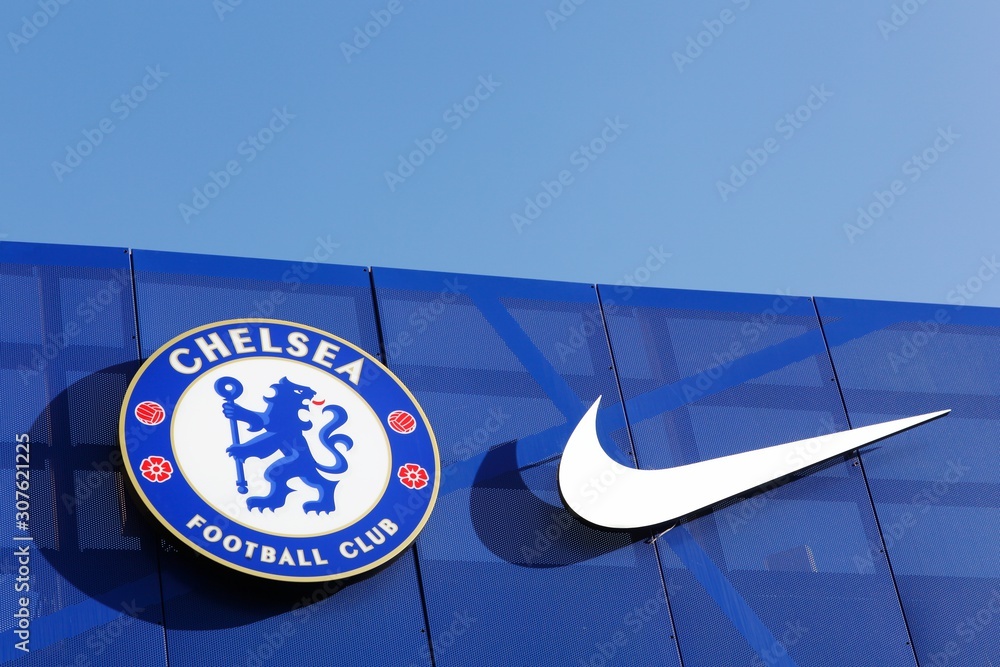 London, United Kingdom - February 1, 2018: Chelsea football club and Nike  logo on a wall at