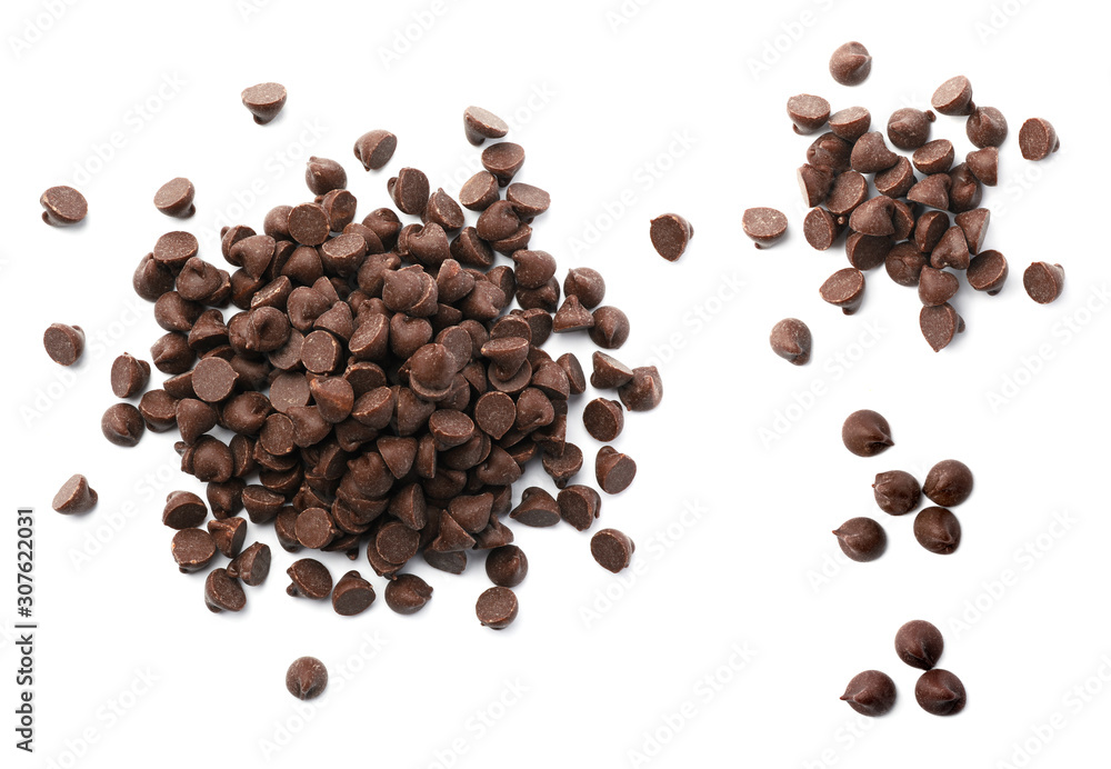 Set of tasty chocolate chips isolated on white, top view Set of tasty chocolate chips isolated on white, top view
