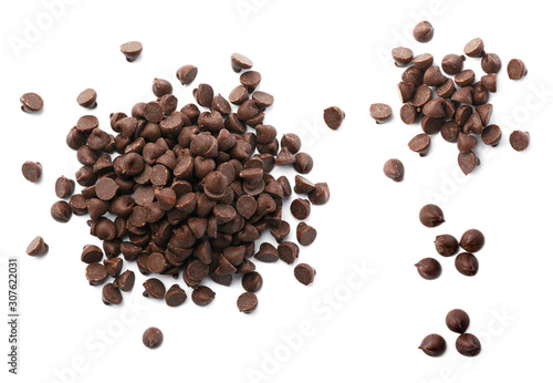 Set of tasty chocolate chips isolated on white, top view