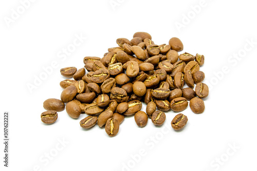 Fragrant coffee grains on a white background.