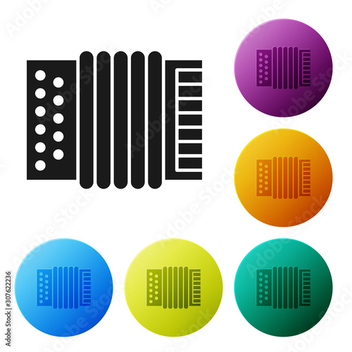 Black Musical instrument accordion icon isolated on white background. Classical bayan, harmonic. Set icons colorful circle buttons. Vector Illustration