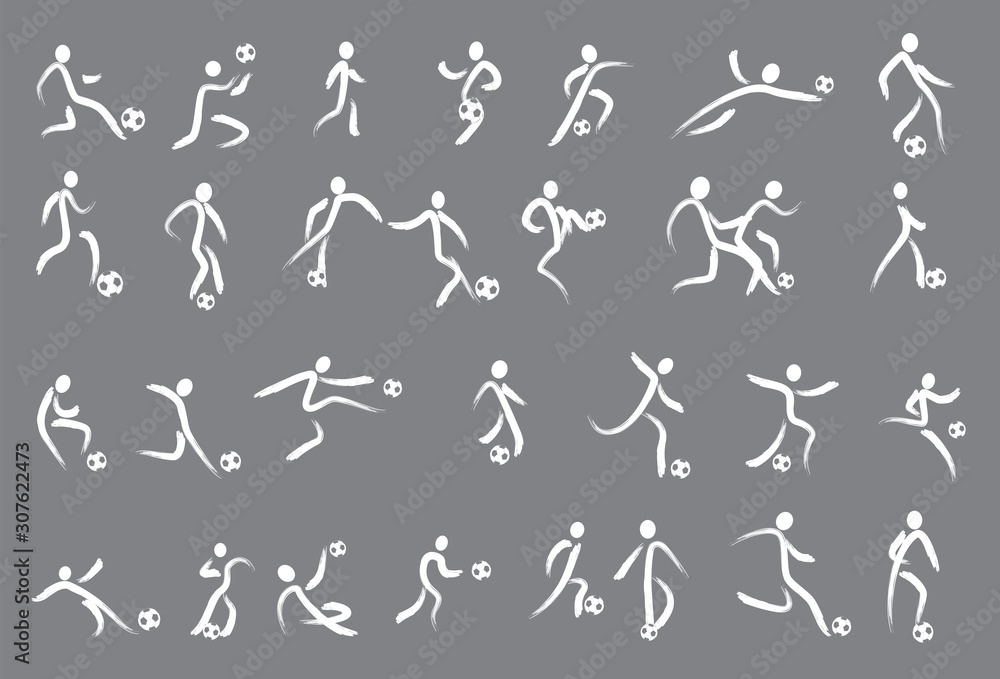 Hand drawing Soccer Players Kicking Ball and goalkeepers. Set Collection of different football poses. Linear Vector illustration