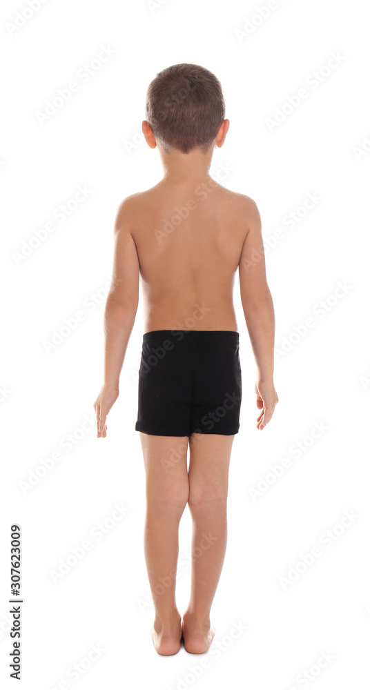 Little boy in underwear on white background, back view Little boy in underwear on white background, back view