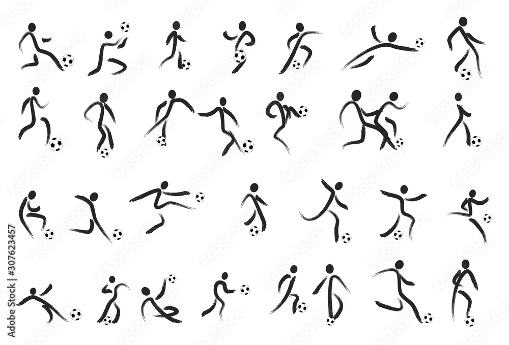 Hand drawing Soccer Players Kicking Ball and goalkeepers. Set Collection of different football poses. Linear Vector illustration