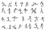 Hand drawing Soccer Players Kicking Ball and goalkeepers. Set Collection of different football poses. Linear Vector illustration