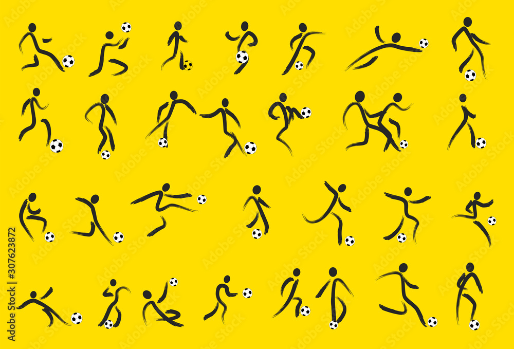 Hand drawing Soccer Players Kicking Ball and goalkeepers. Set Collection of different football poses. Linear Vector illustration Hand drawing Soccer Players Kicking Ball and goalkeepers. Set Collection of different football poses. Linear Vector illustration