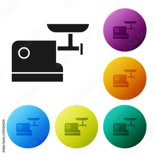 Black Kitchen meat grinder icon isolated on white background. Set icons colorful circle buttons. Vector Illustration