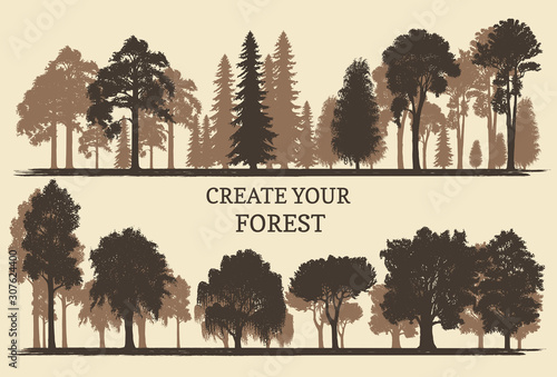 Hand drawn silhouettes of different trees. Create your own forest. Vector sketches of coniferous or deciduous woods.