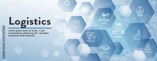 Logistics icon set and web header banner with buildings, trucking, people and shipping box