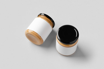 Peanut, almond, nut butter jar mockup with blank label.