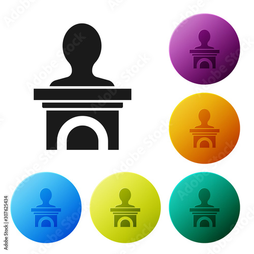 Black Stage stand or debate podium rostrum icon isolated on white background. Conference speech tribune. Set icons colorful circle buttons. Vector Illustration