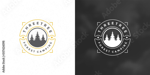 Forest camping logo emblem vector illustration outdoor adventure leisure pine trees silhouettes photo