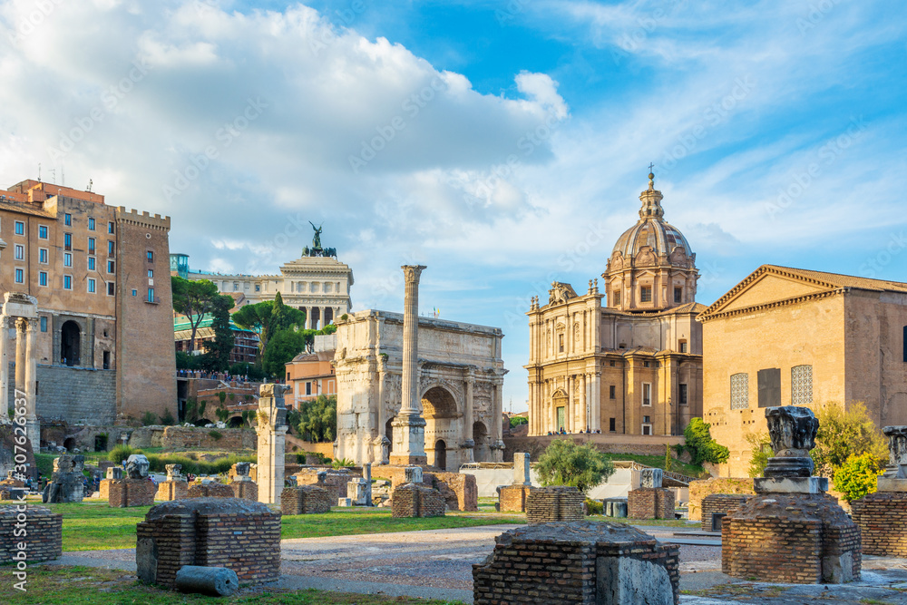 View of the northern part of Roman Forum with Arch of Septimius Severus and The church of Santi Luca e Martina