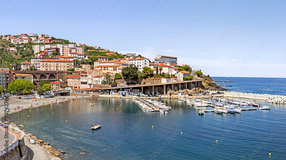 Panoramic view of scenic coastal town Cerbere on the Vermeille coast of Languedoc-Roussillon region in France