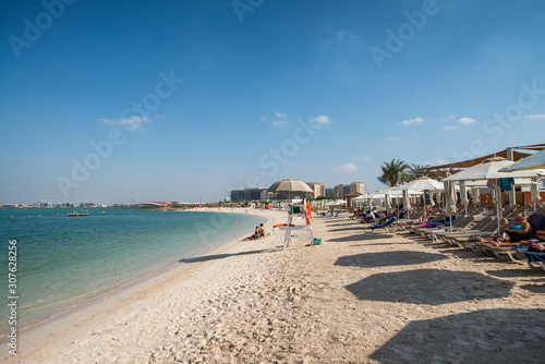 ABU DHABI  UAE - DECEMBER 8  2016  Yas Island beach on a sunny day
