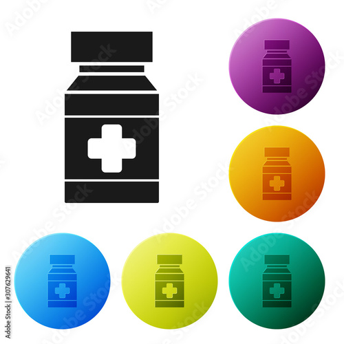 Black Dog medicine bottle and pills icon isolated on white background. Container with pills. Prescription medicine for animal. Set icons colorful circle buttons. Vector Illustration