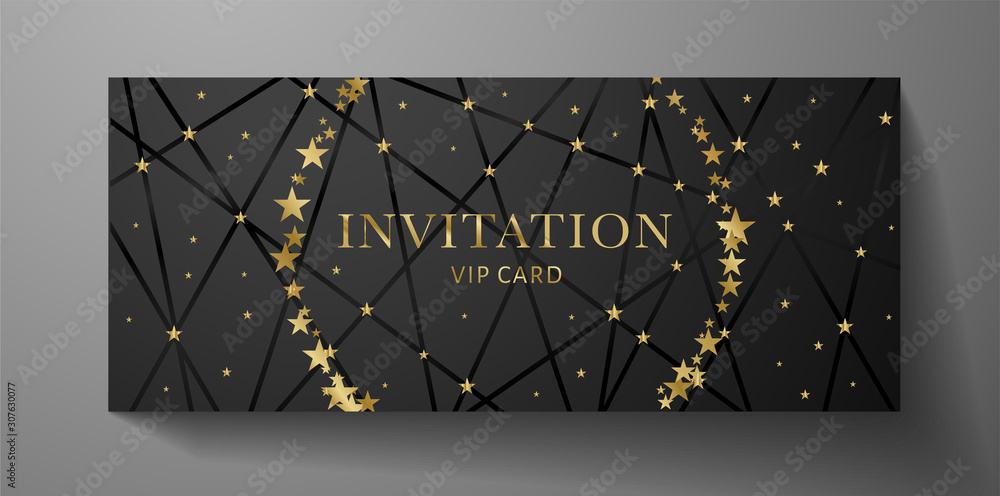 Luxurious VIP Invitation template with black lines, golden stars on ...