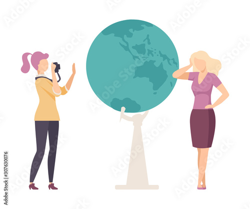Woman Standing Beside the Globe Making Photo with Camera Vector Illustration