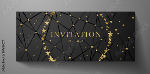 Luxurious VIP Invitation template with black lines, golden stars on background and gold text. Premium class design for Gift certificate, Voucher, Gift card 