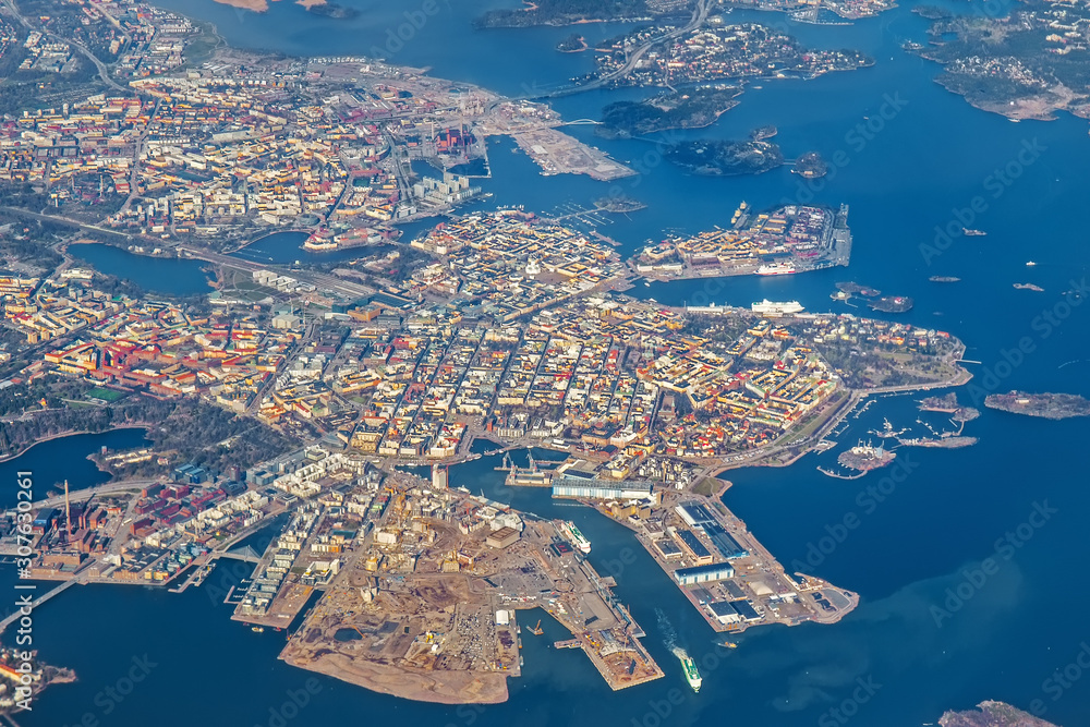 Aerial view of Helsinki from plane window, Finland