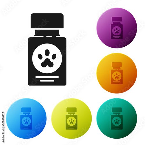 Black Dog medicine bottle and pills icon isolated on white background. Container with pills. Prescription medicine for animal. Set icons colorful circle buttons. Vector Illustration
