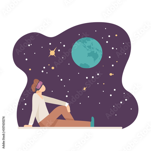 Young Man Sitting in Digital Glasses on Floor and Watching Starry Sky Projection Vector Illustration