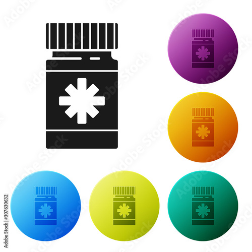 Black Dog medicine bottle and pills icon isolated on white background. Container with pills. Prescription medicine for animal. Set icons colorful circle buttons. Vector Illustration