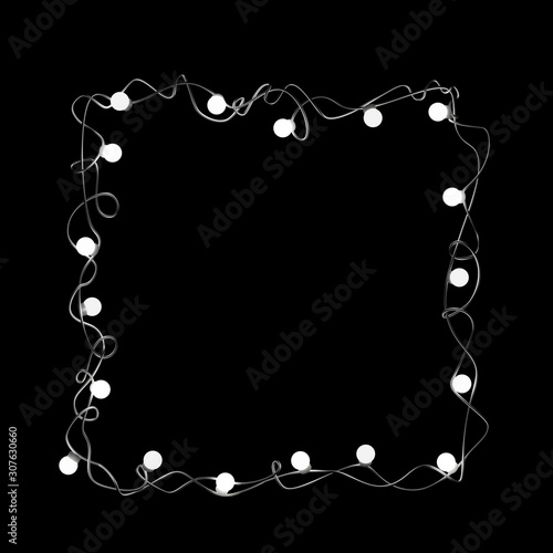 Square frame pattern of white light bulbs with metal chrome tubes wires on black background. Minimalistic 3D render illustration in a modern style.