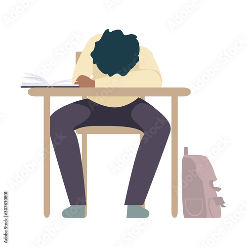 Naughty Boy Sleeping At School Resting His Head on Desk During Lesson Vector Illustration