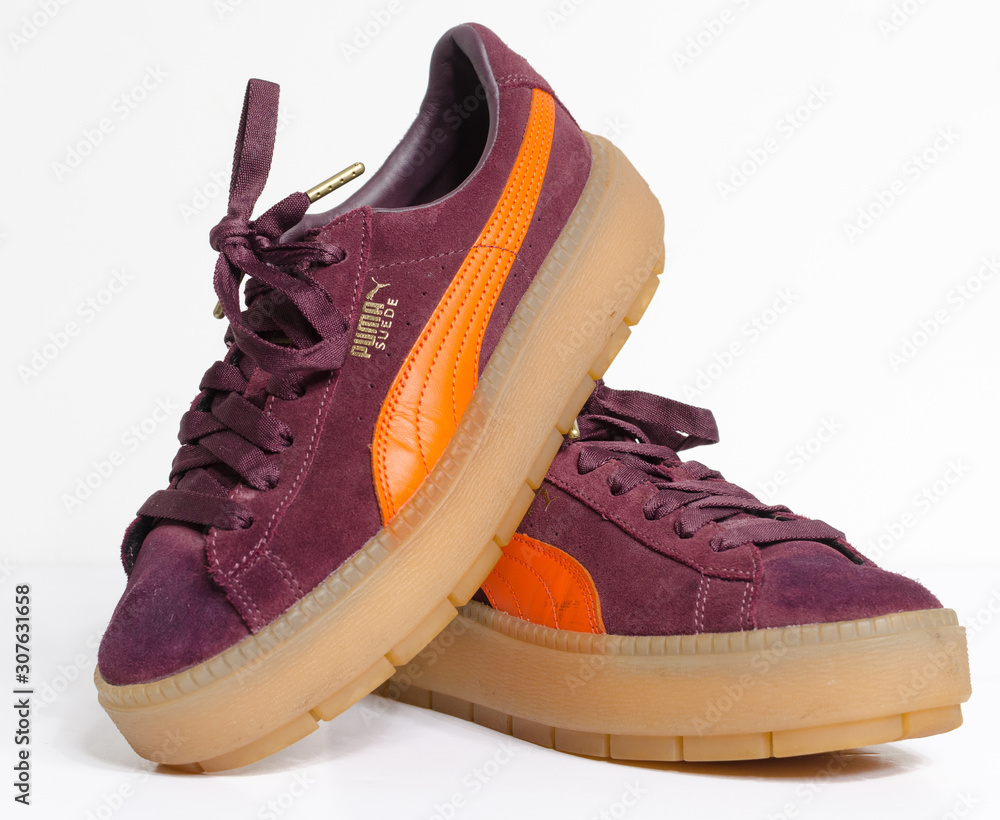 london, england, 05/07/2019 Puma Platform Trace Block Womens Cleated Suede  Low Top Trainers. orange and burgundy colour. Vintage design with a modern  twist, puma sneakers. Stock Photo | Adobe Stock