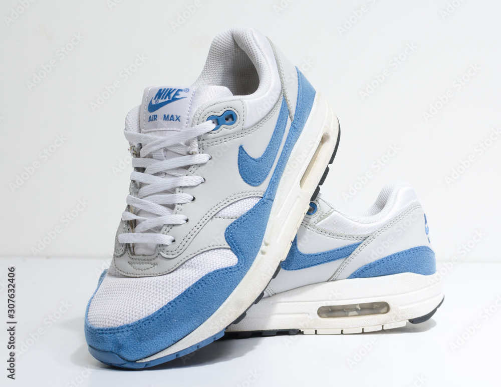 london, englabnd, 05/08/2018 Nike Air max 1 , White and light blue. Nike  air max retro classic sneaker trainers. Nike sport and street wear  fashionable athletic apparel. Isolated nikes. Photos | Adobe Stock