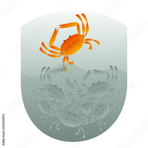 Vector image of a brown crab trying to climb out of a stylized bucket while other grey crabs are trying to stop him. Crabs in a bucket. Crab mentality concept. Behavior concept.