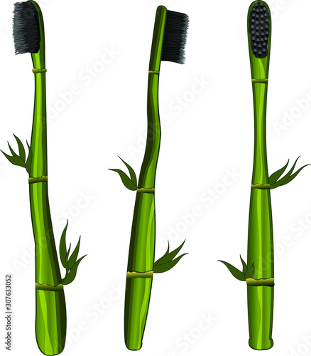 Fototapeta Naklejka Na Ścianę i Meble -  Bamboo toothbrushes for healthy teeth cleaning four pieces. charcoal toothbrush. eco friendly toothbrush. Eco-friendly products
