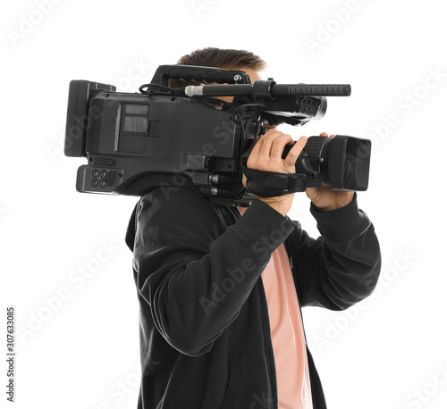 Operator with professional video camera on white background