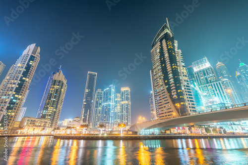 Dubai Marina skyline at night, UAE