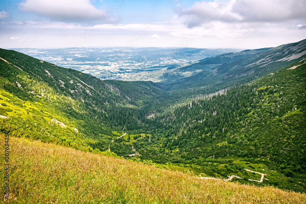 Scenic mountain view from the Kopa mountain in the Sudetes, Poland