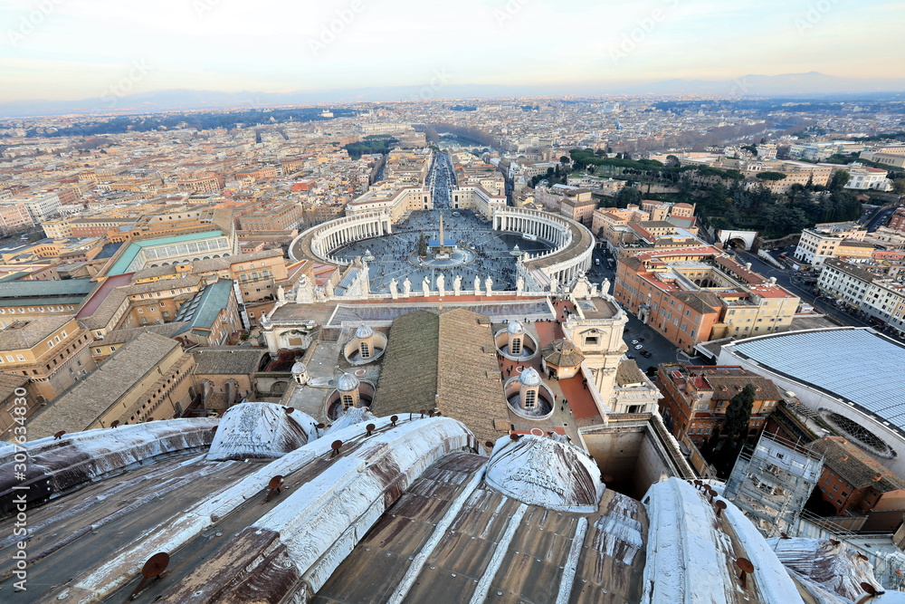 Classic Rome - aerial view to old roof buildings and street at Vatican and Rome