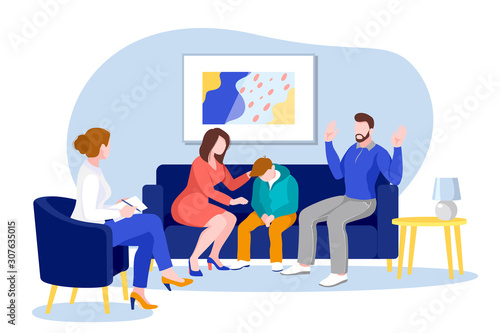 Family with teenage boy in office of psychologist. Vector illustration. Psychotherapy, psychological counseling concept