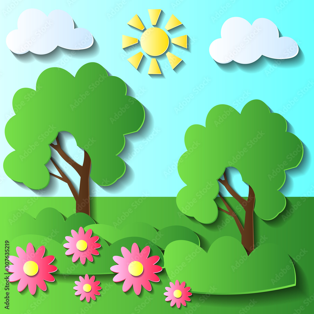 Vector paper landscape with trees, flowers and clouds