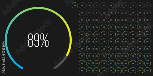 Set of circular sector percentage diagrams meters from 0 to 100 ready-to-use for web design, user interface UI or infographic - indicator with gradient from cyan blue to yellow